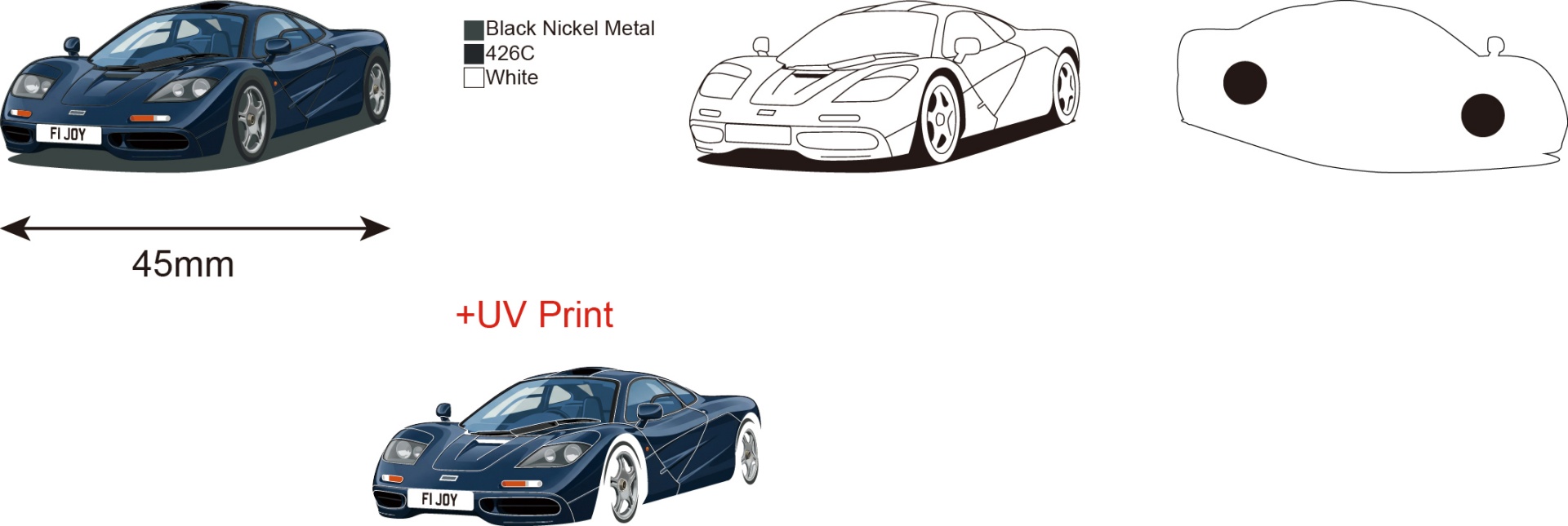 Custom Cutout Blue Sports Car UV Printed Lapel Pin Design Drawing