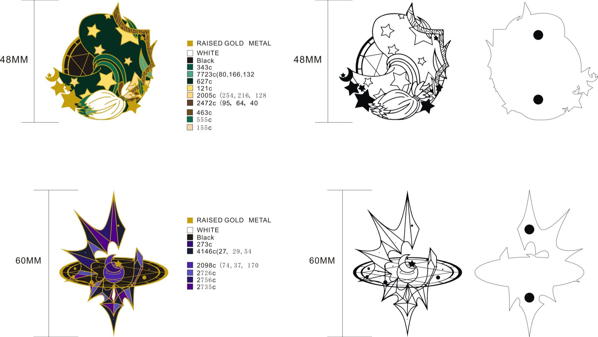 Custom Cutout Star Moon Floral Dual Set Hard Enamel Lapel Pin Design Drawing