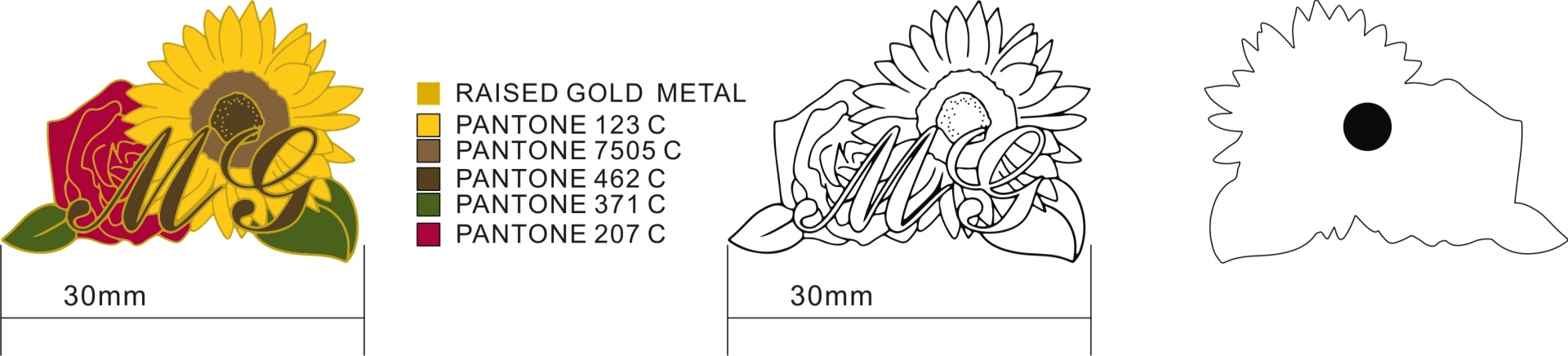 Custom Cutout Sunflower Rose M Letter Logo Soft Enamel Lapel Pin Design Drawing