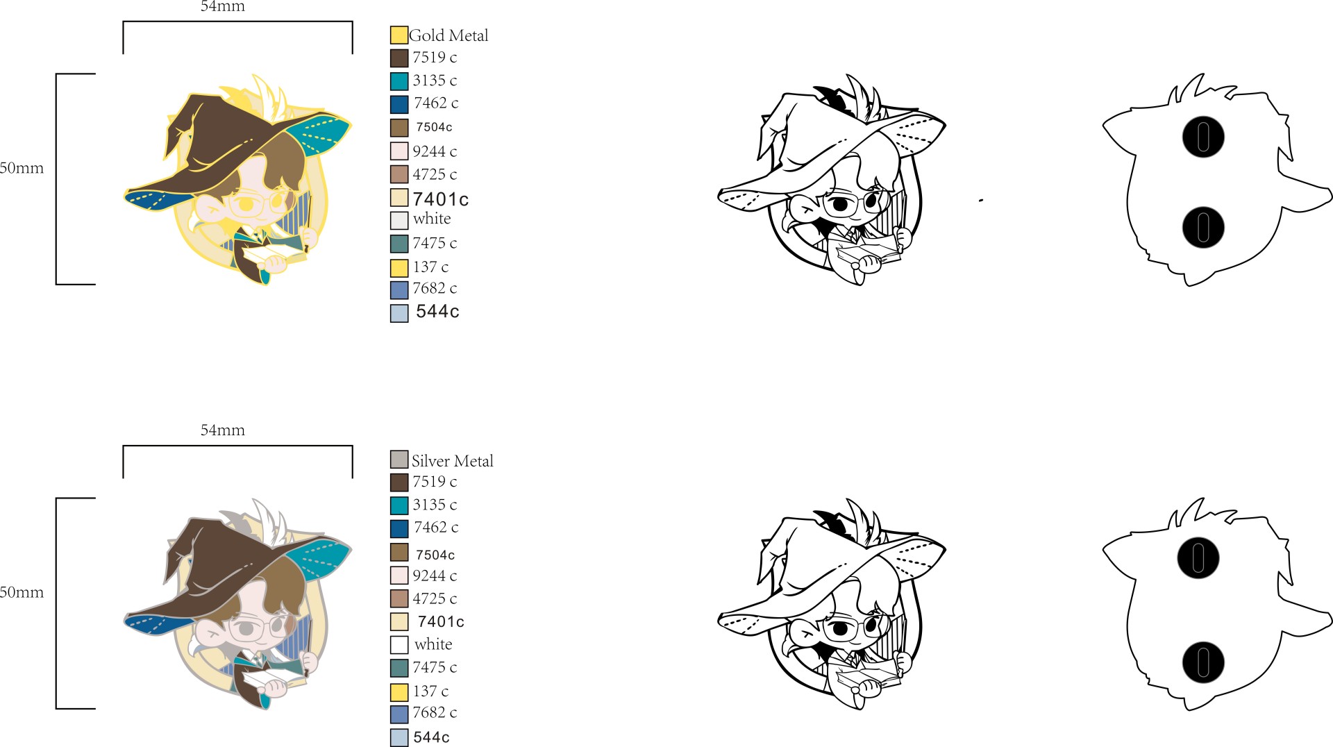 Custom Cutout Wizard Hat Chibi Boy Dual Metal Hard Enamel Lapel Pin Design Drawing