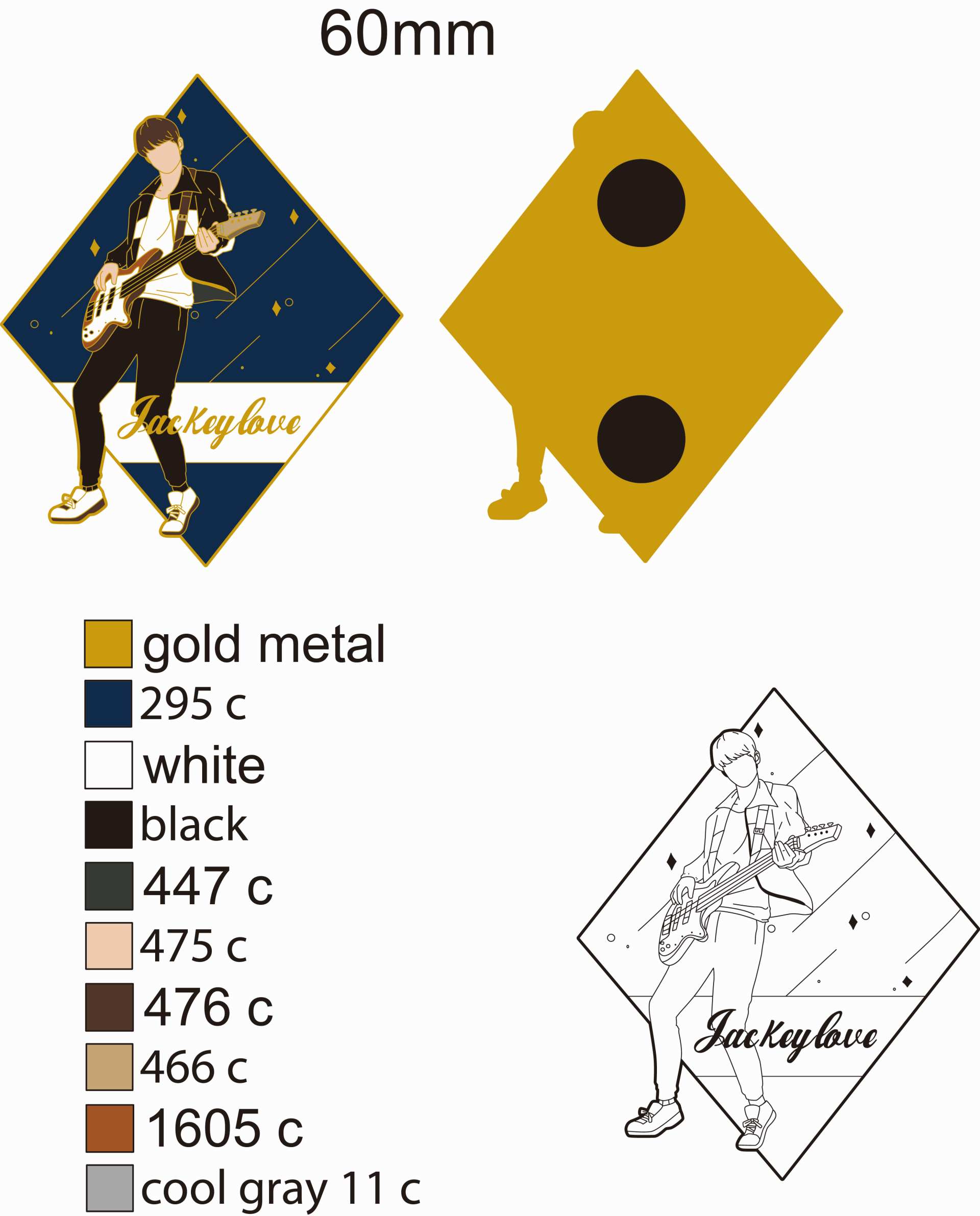 Custom Diamond Jackeylove Guitar Portrait Hard Enamel Lapel Pin Design Drawing